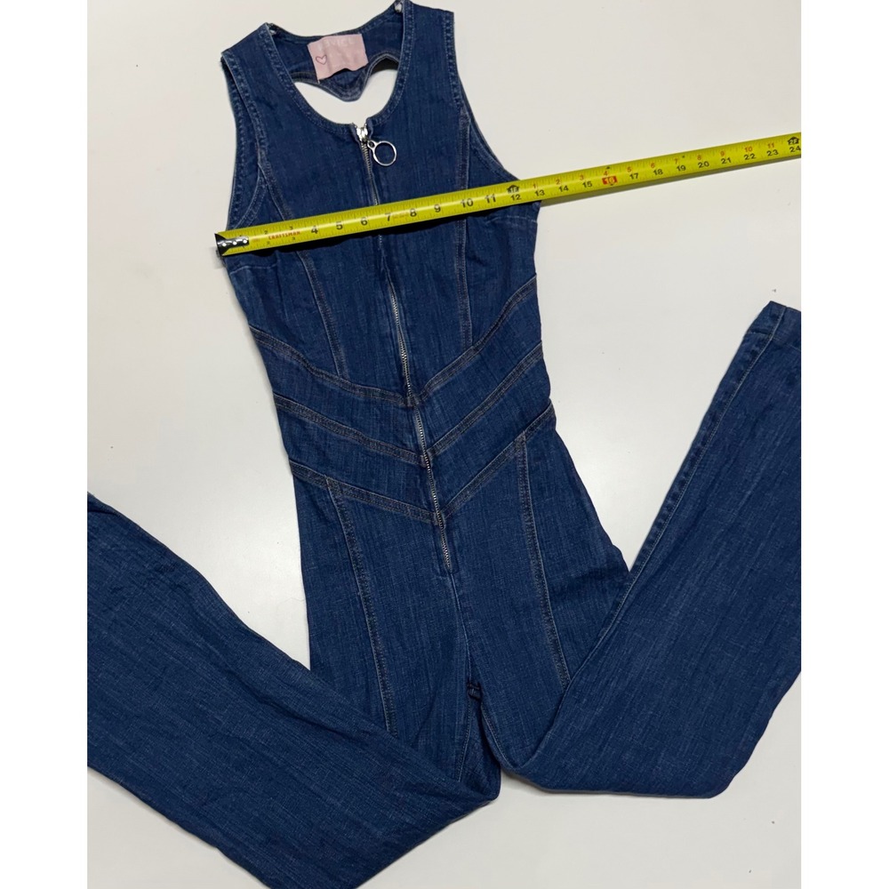 Revice Denim Womens XS Heart Cutout Flare Jumpsuit Dark Wash Indigo Sleeveless